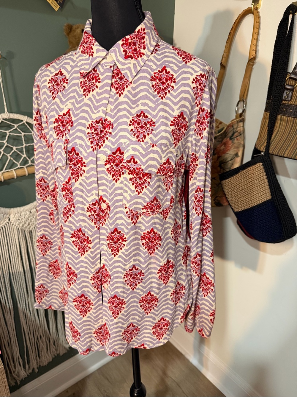 Porridge Anthropology Button-Up Blouse in Red & Lavender Boho Size S